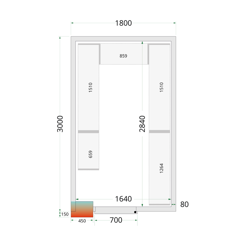 Koelcelpanelen 80 mm - zonder vloer CR 180x300x212 NF